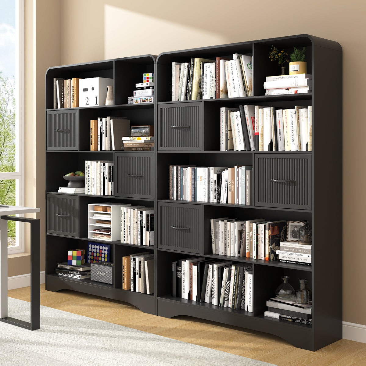 SOLACE FURNITURE 70" Book Shelf and Bookcase, Tall Bookshelf with Drawers, Modern 5 Tier Bookcase with 3 Bins Storage
