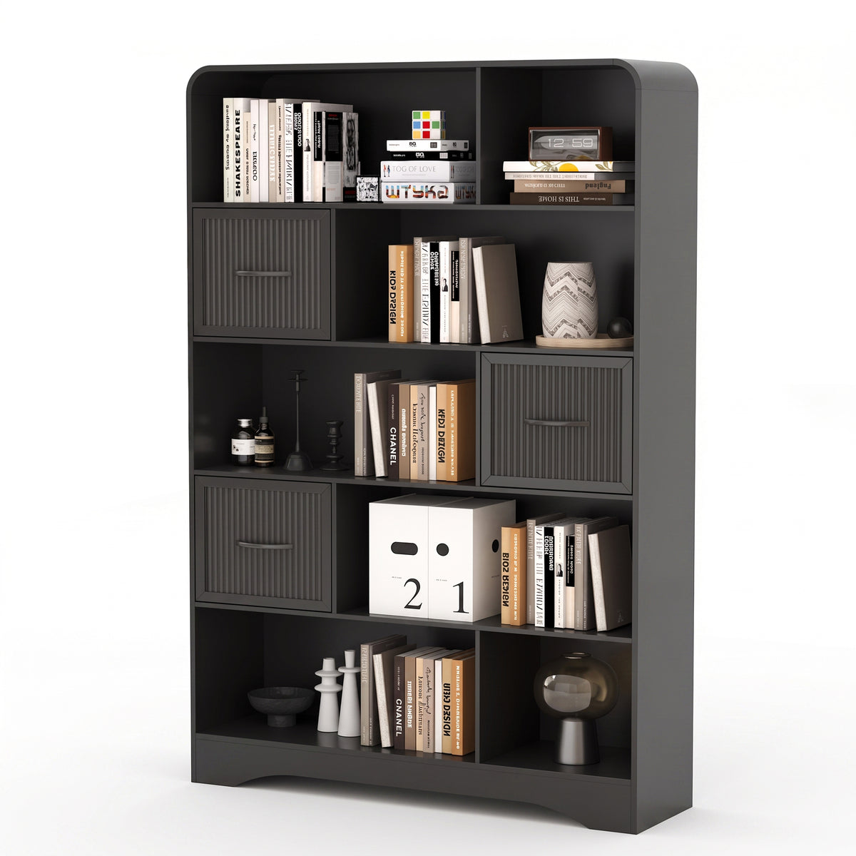 SOLACE FURNITURE 70" Book Shelf and Bookcase, Tall Bookshelf with Drawers, Modern 5 Tier Bookcase with 3 Bins Storage