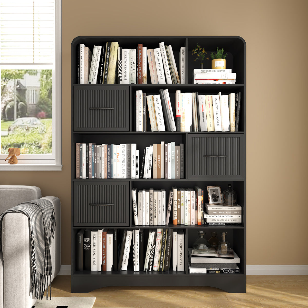 SOLACE FURNITURE 70" Book Shelf and Bookcase, Tall Bookshelf with Drawers, Modern 5 Tier Bookcase with 3 Bins Storage