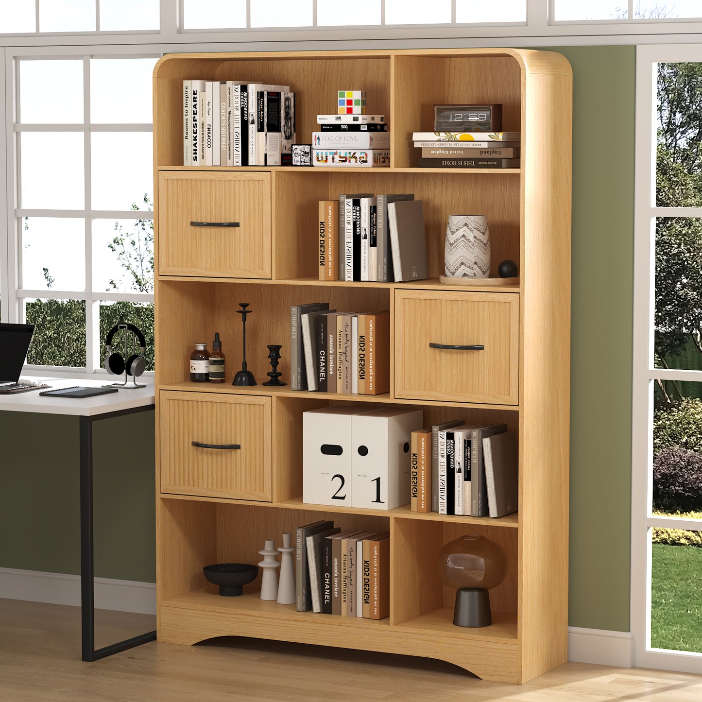 SOLACE FURNITURE 70" Book Shelf and Bookcase, Tall Bookshelf with Drawers, 48" Wide Modern 5 Tier Bookcase with 3 Bins Storage