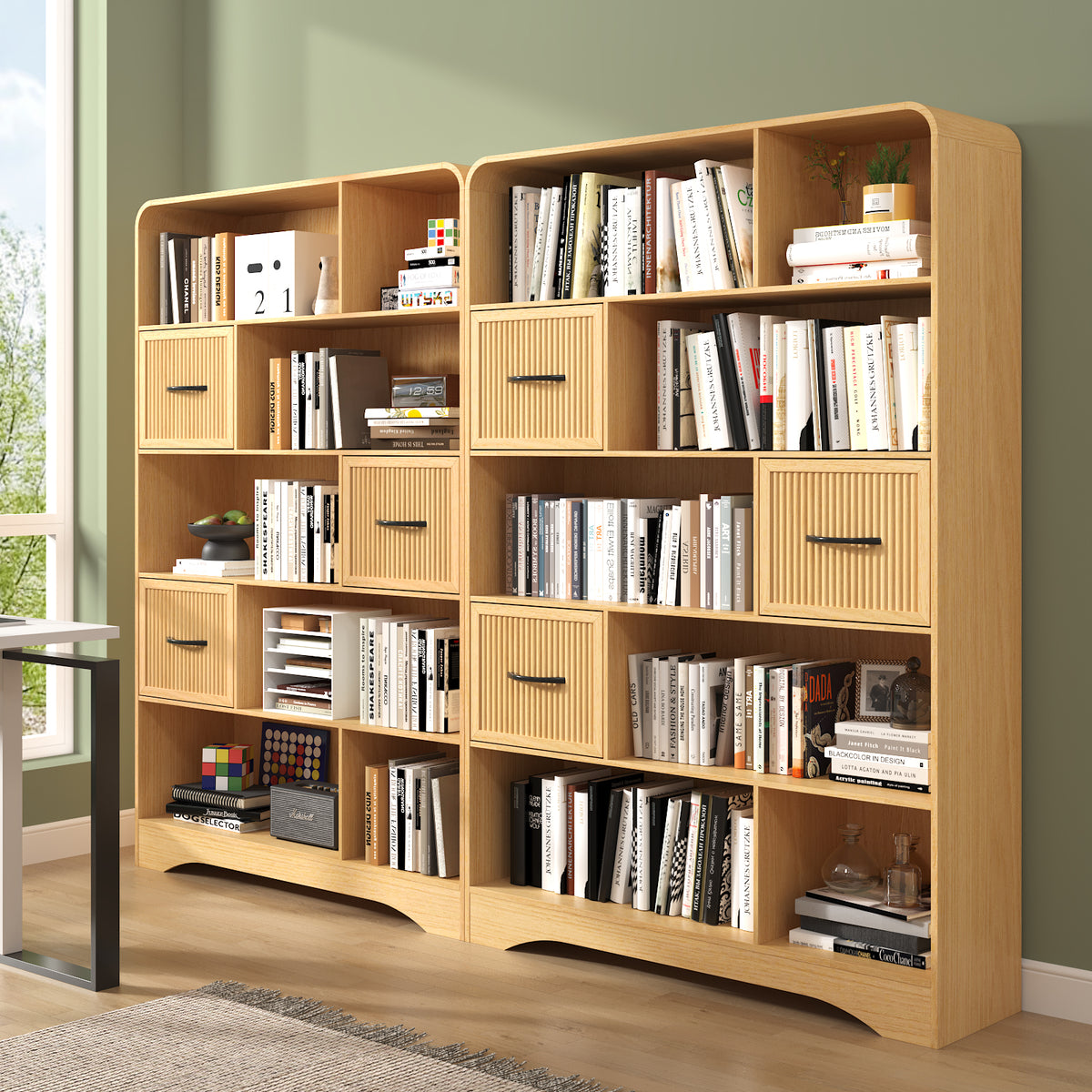 SOLACE FURNITURE 70" Book Shelf and Bookcase, Tall Bookshelf with Drawers, Modern 5 Tier Bookcase with 3 Bins Storage