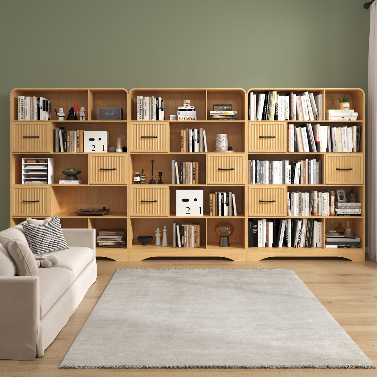 SOLACE FURNITURE 70" Book Shelf and Bookcase, Tall Bookshelf with Drawers, Modern 5 Tier Bookcase with 3 Bins Storage