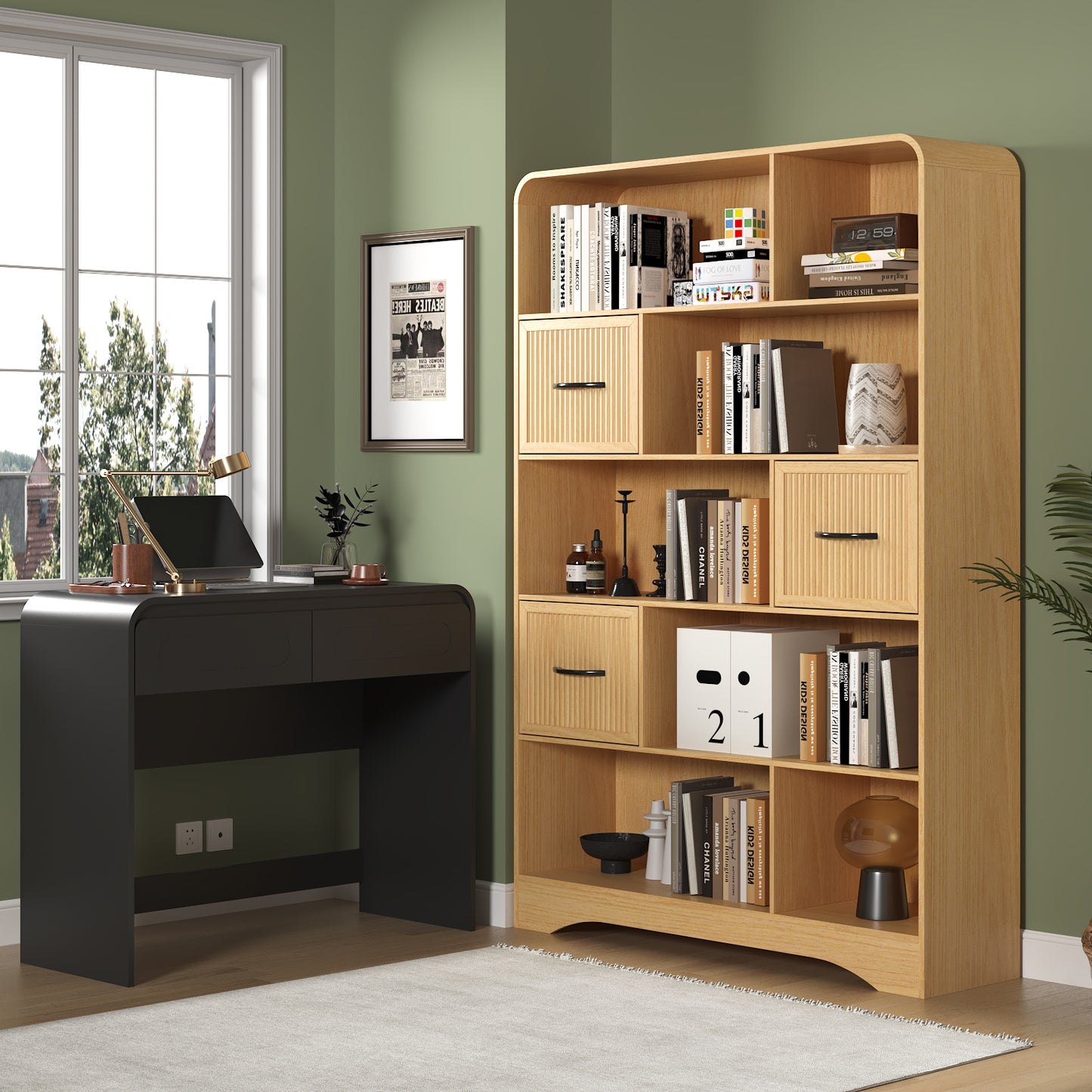 SOLACE FURNITURE 70" Book Shelf and Bookcase, Tall Bookshelf with Drawers, 48" Wide Modern 5 Tier Bookcase with 3 Bins Storage