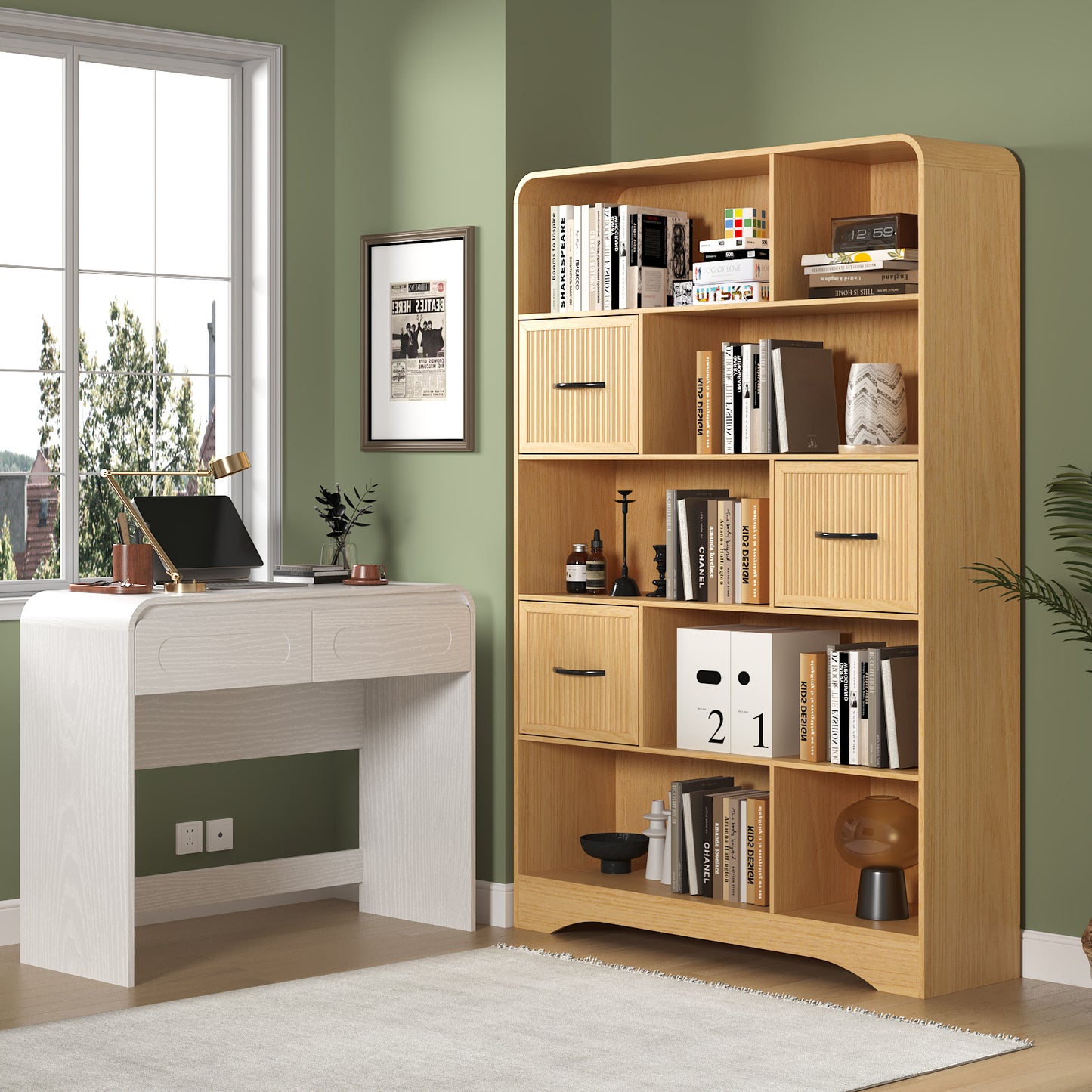 SOLACE FURNITURE 70" Book Shelf and Bookcase, Tall Bookshelf with Drawers, 48" Wide Modern 5 Tier Bookcase with 3 Bins Storage