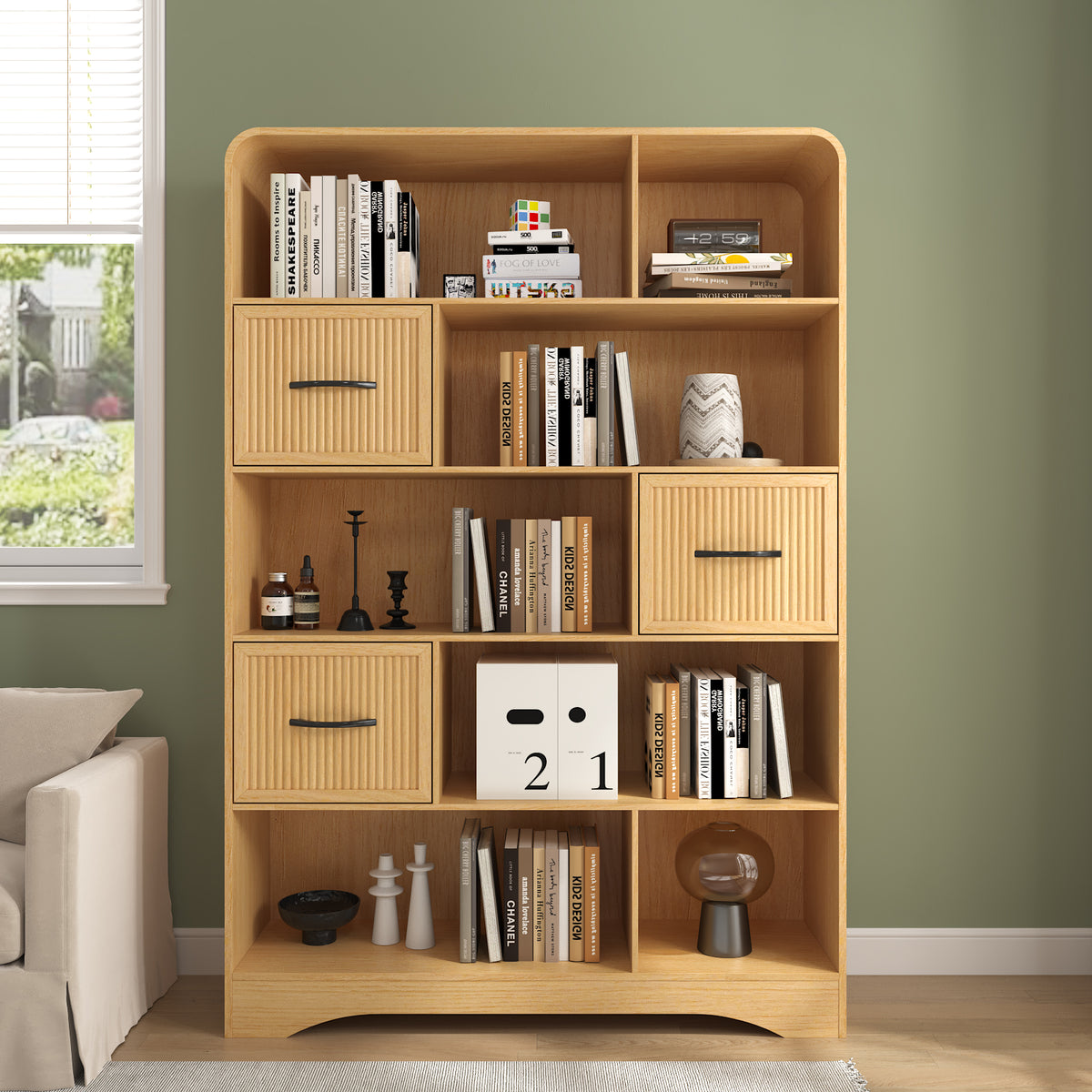 SOLACE FURNITURE 70" Book Shelf and Bookcase, Tall Bookshelf with Drawers, Modern 5 Tier Bookcase with 3 Bins Storage