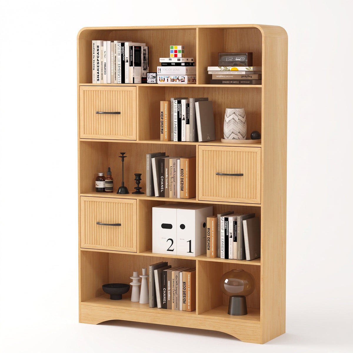 SOLACE FURNITURE 70" Book Shelf and Bookcase, Tall Bookshelf with Drawers, Modern 5 Tier Bookcase with 3 Bins Storage