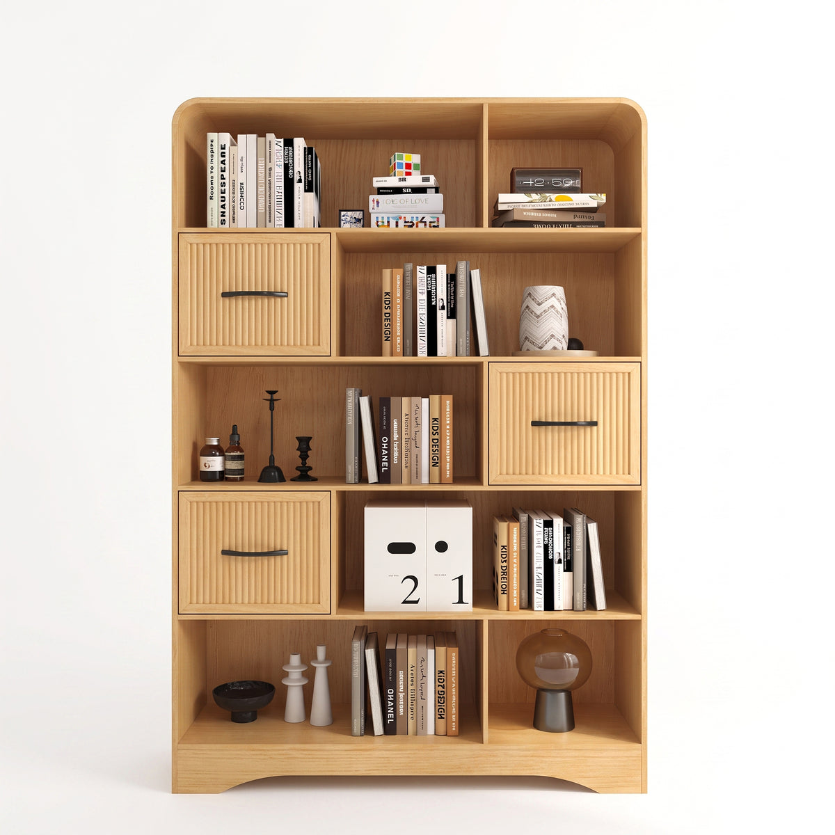 SOLACE FURNITURE 70" Book Shelf and Bookcase, Tall Bookshelf with Drawers, Modern 5 Tier Bookcase with 3 Bins Storage