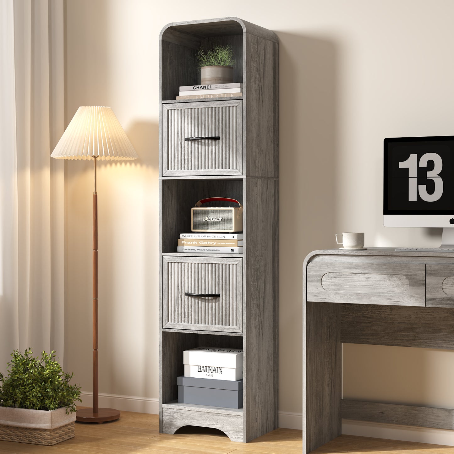 SOLACE FURNITURE 70" Modern Bookshelf with 2 Adjustable Bins, Wooden Bookcase for Office Apartment