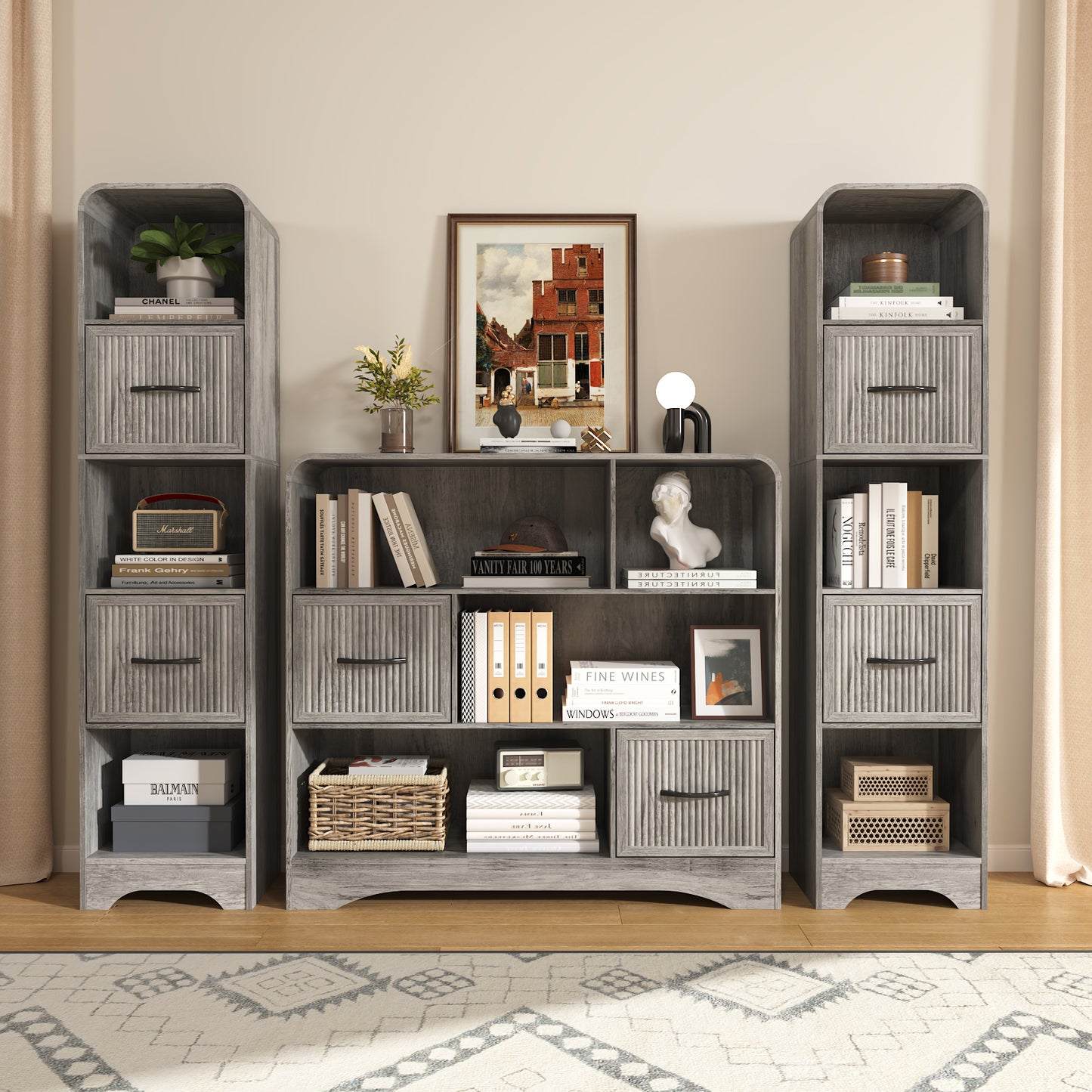SOLACE FURNITURE 70" Modern Bookshelf with 2 Adjustable Bins, Wooden Bookcase for Office Apartment