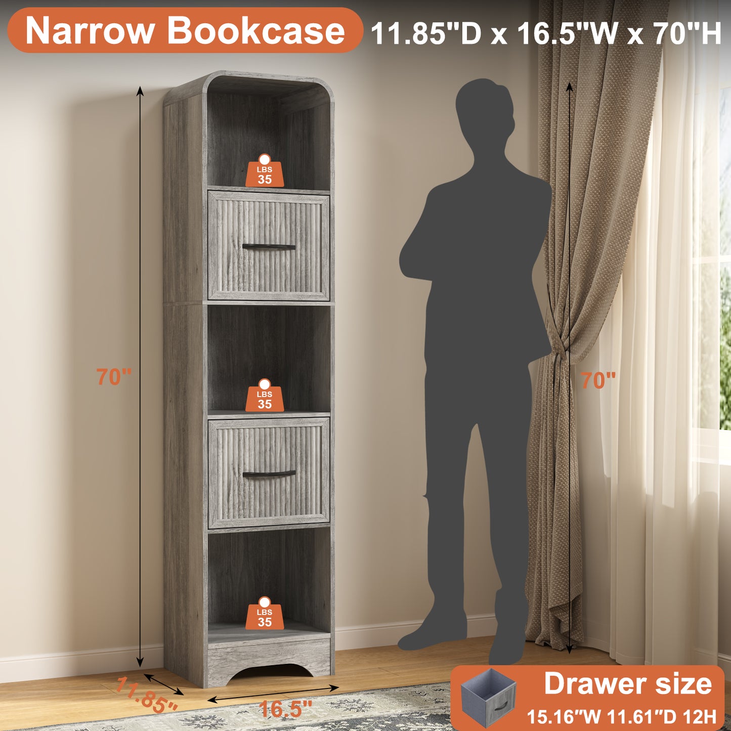 SOLACE FURNITURE 70" Modern Bookshelf with 2 Adjustable Bins, Wooden Bookcase for Office Apartment