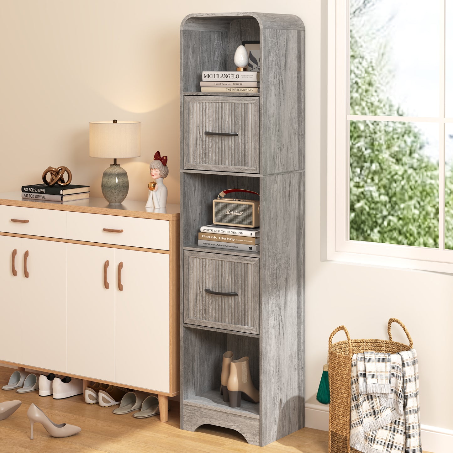 SOLACE FURNITURE 70" Modern Bookshelf with 2 Adjustable Bins, Wooden Bookcase for Office Apartment