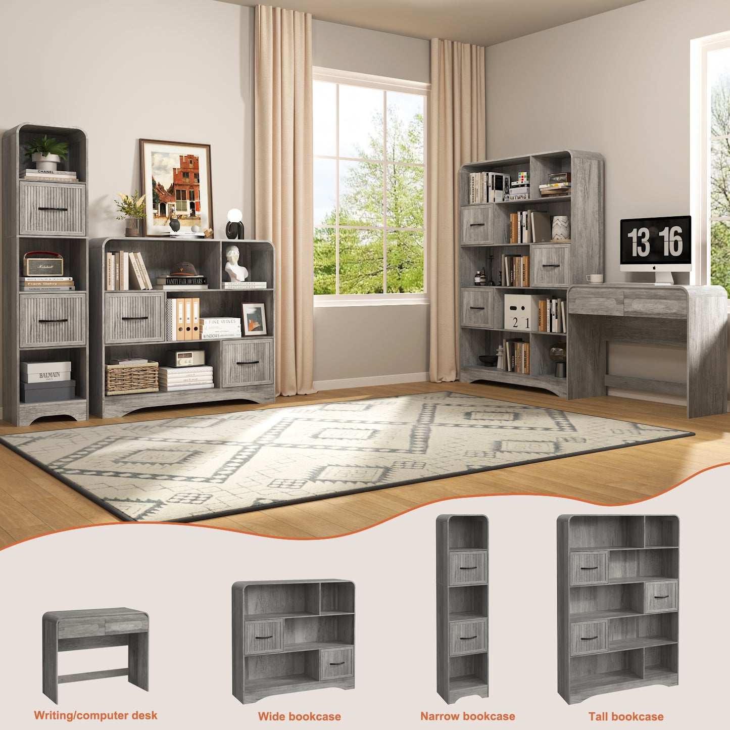 SOLACE FURNITURE 70" Modern Bookshelf with 2 Adjustable Bins, Wooden Bookcase for Office Apartment