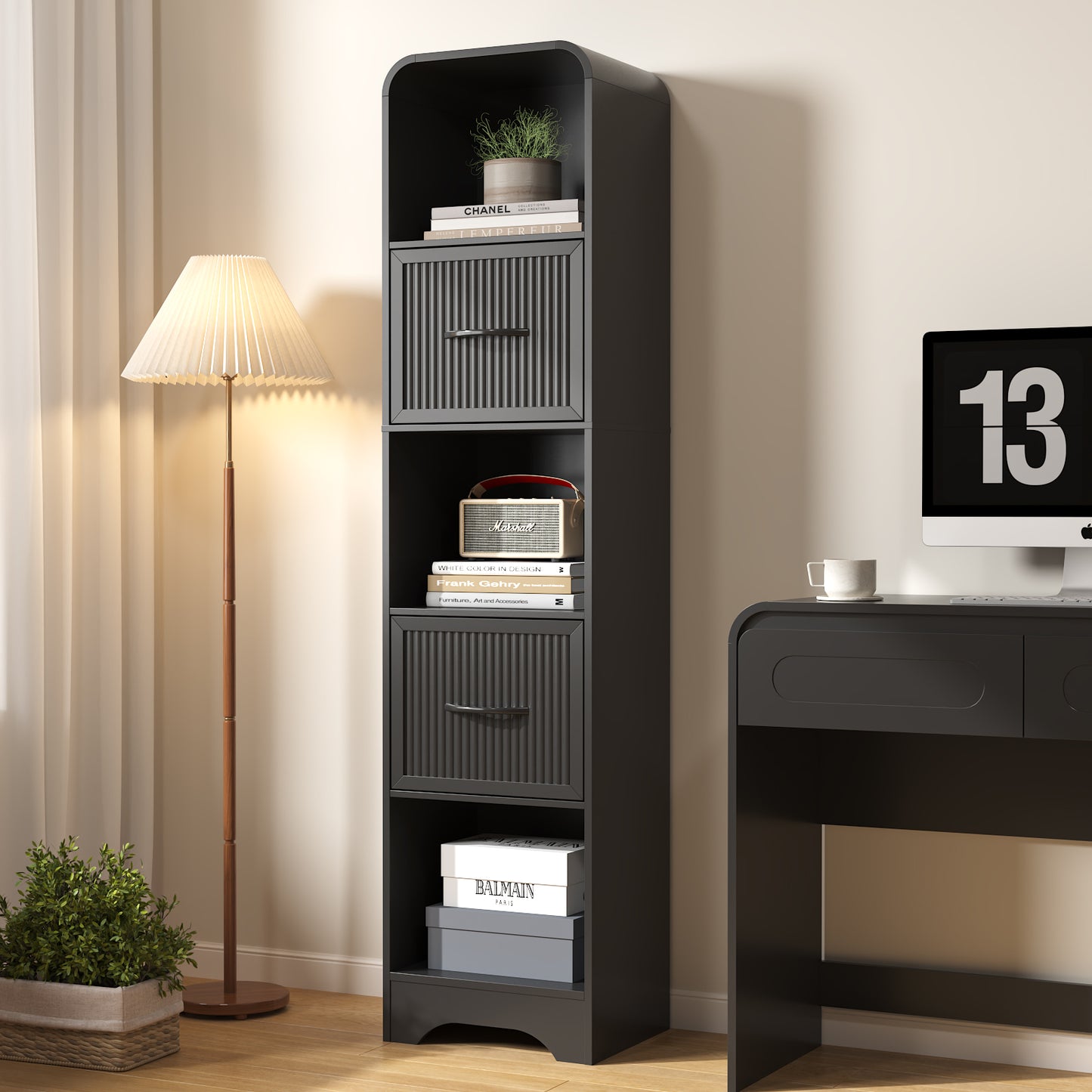 SOLACE FURNITURE 70" Modern Bookshelf with 2 Adjustable Bins, Wooden Bookcase for Office Apartment