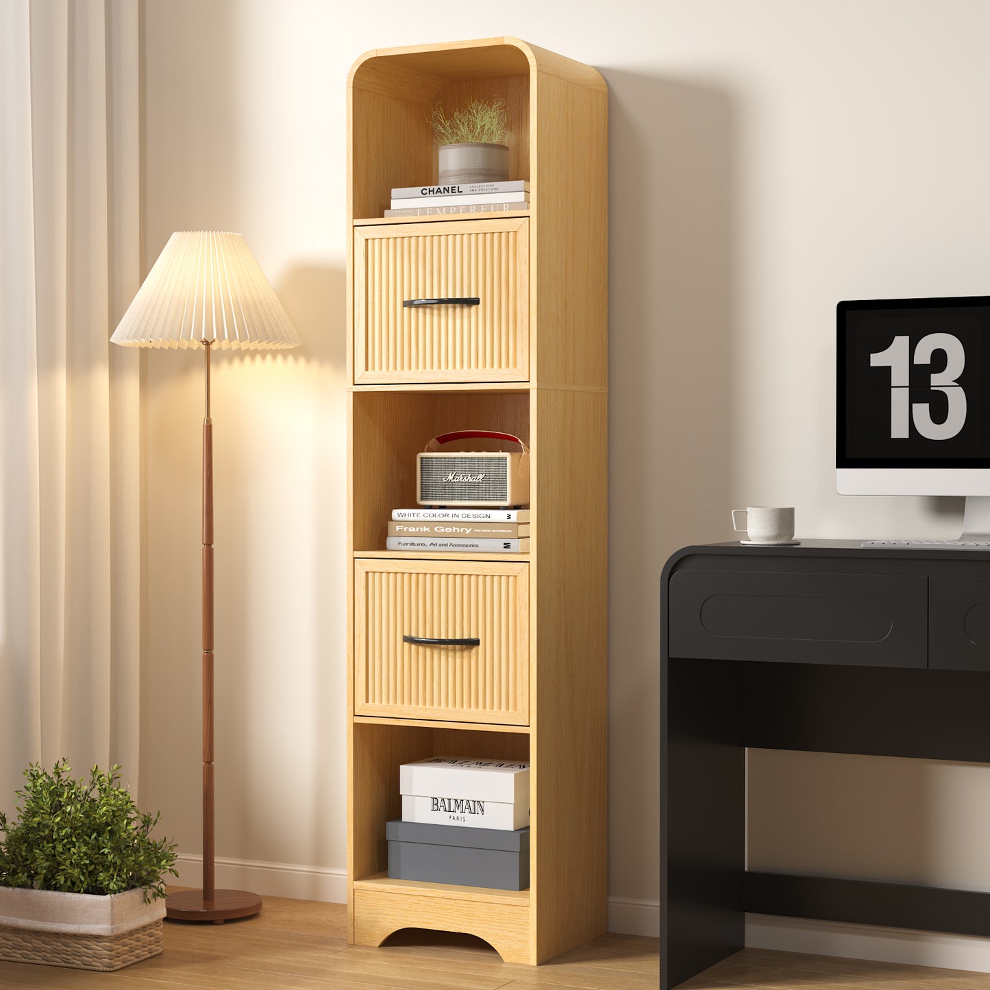 SOLACE FURNITURE 70" Modern Bookshelf with 2 Adjustable Bins, Wooden Bookcase for Office Apartment