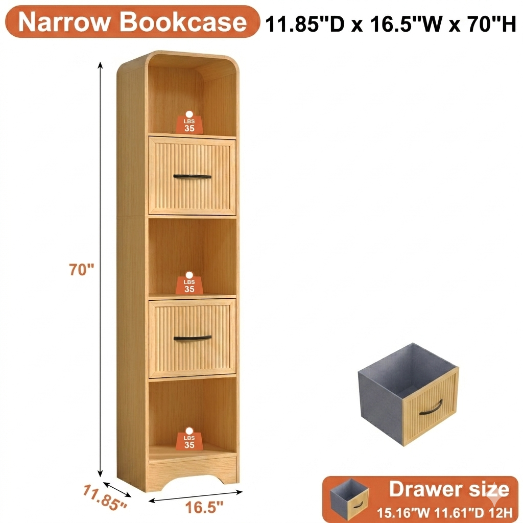 SOLACE FURNITURE 70" Modern Bookshelf with 2 Adjustable Bins, Wooden Bookcase for Office Apartment