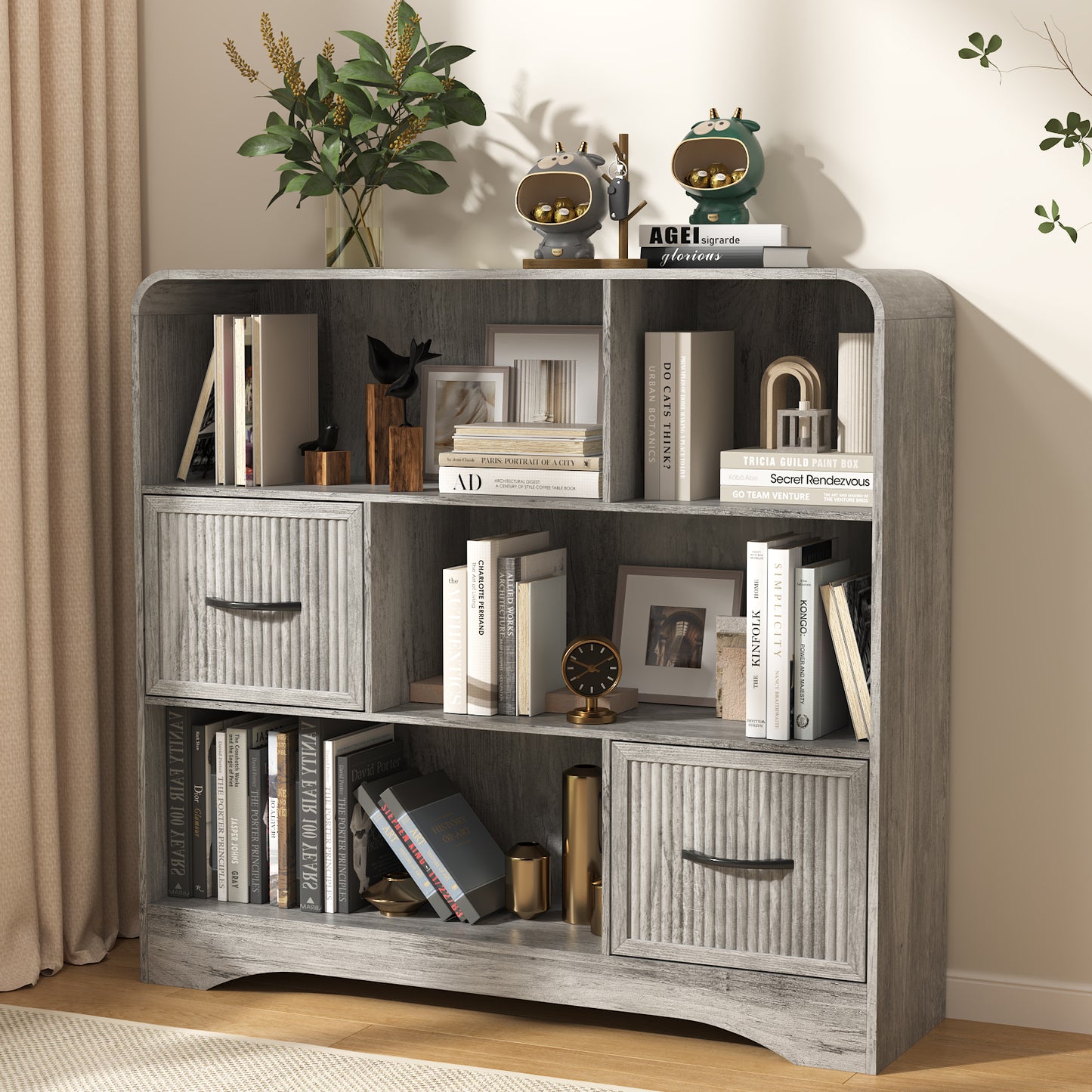 6-Open Shelf Bookcase with 2 Storage Bins,Bookshelf for Toy Storage