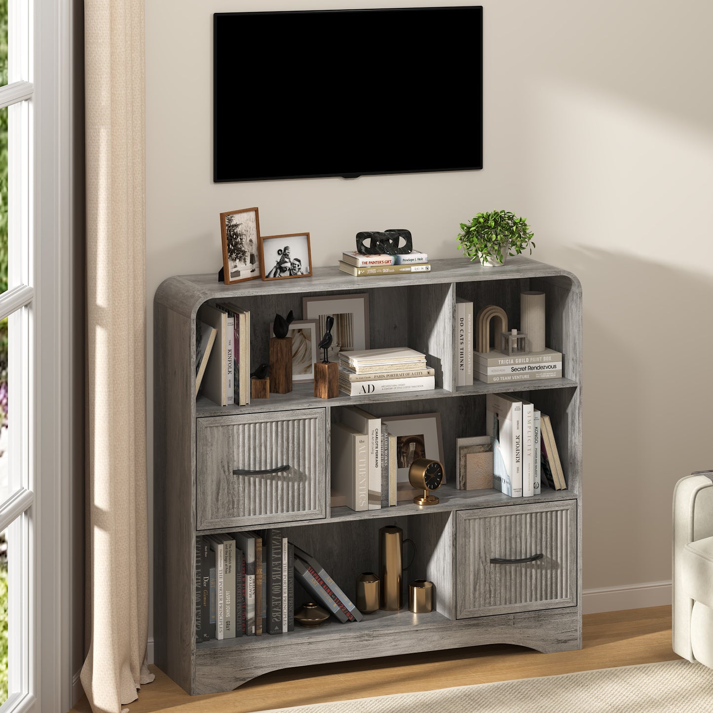 6-Open Shelf Bookcase with 2 Storage Bins,Bookshelf for Toy Storage