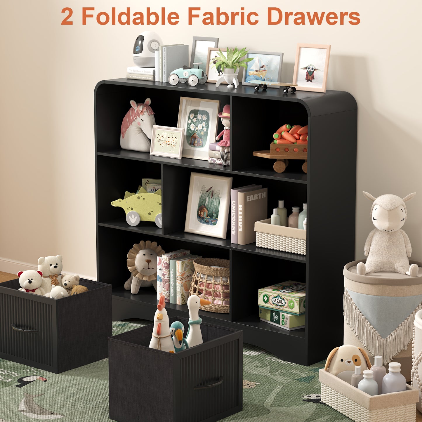 6-Open Shelf Bookcase with 2 Storage Bins,Bookshelf for Toy Storage