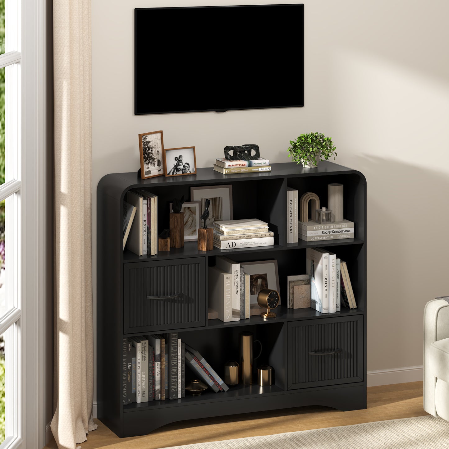 6-Open Shelf Bookcase with 2 Storage Bins,Bookshelf for Toy Storage