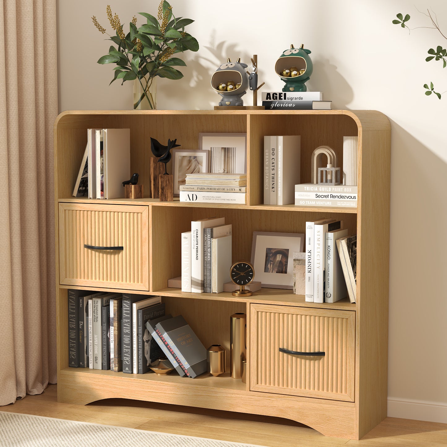 6-Open Shelf Bookcase with 2 Storage Bins,Bookshelf for Toy Storage