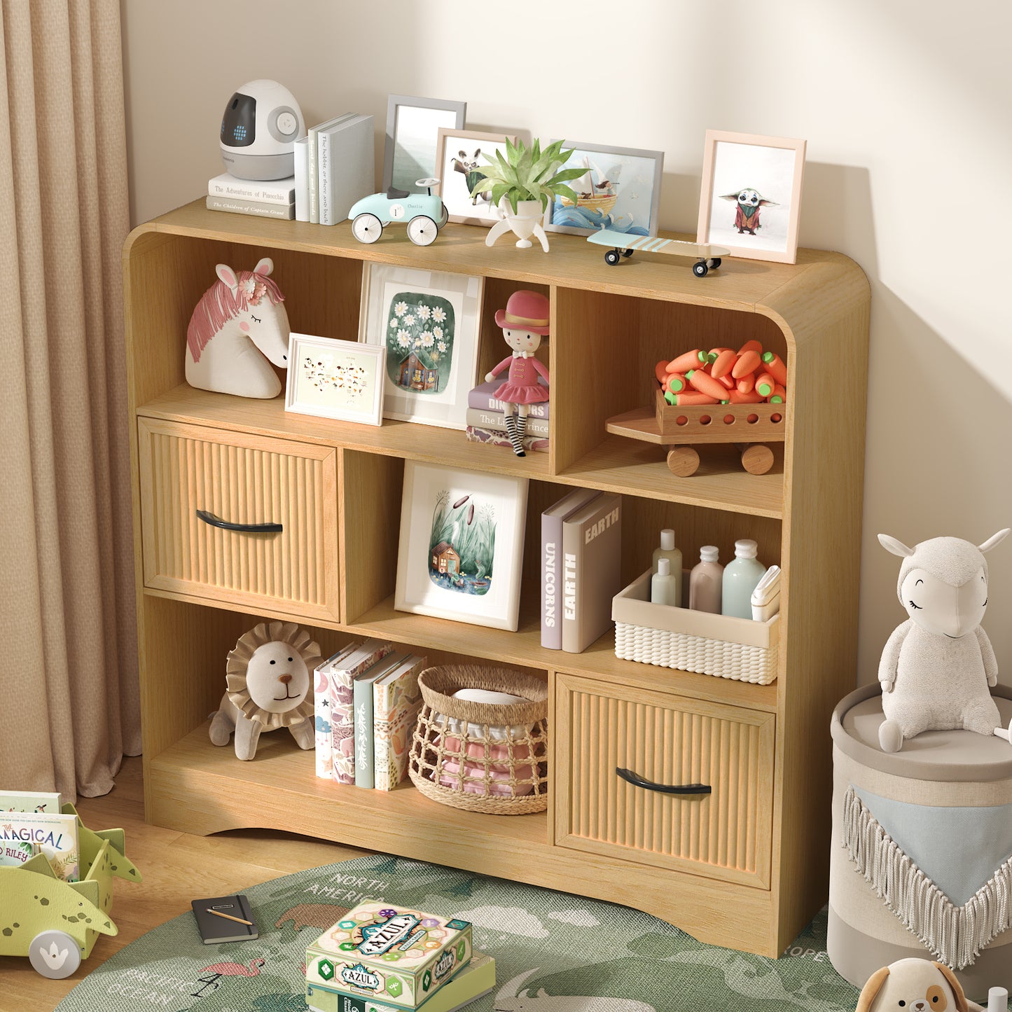 6-Open Shelf Bookcase with 2 Storage Bins,Bookshelf for Toy Storage