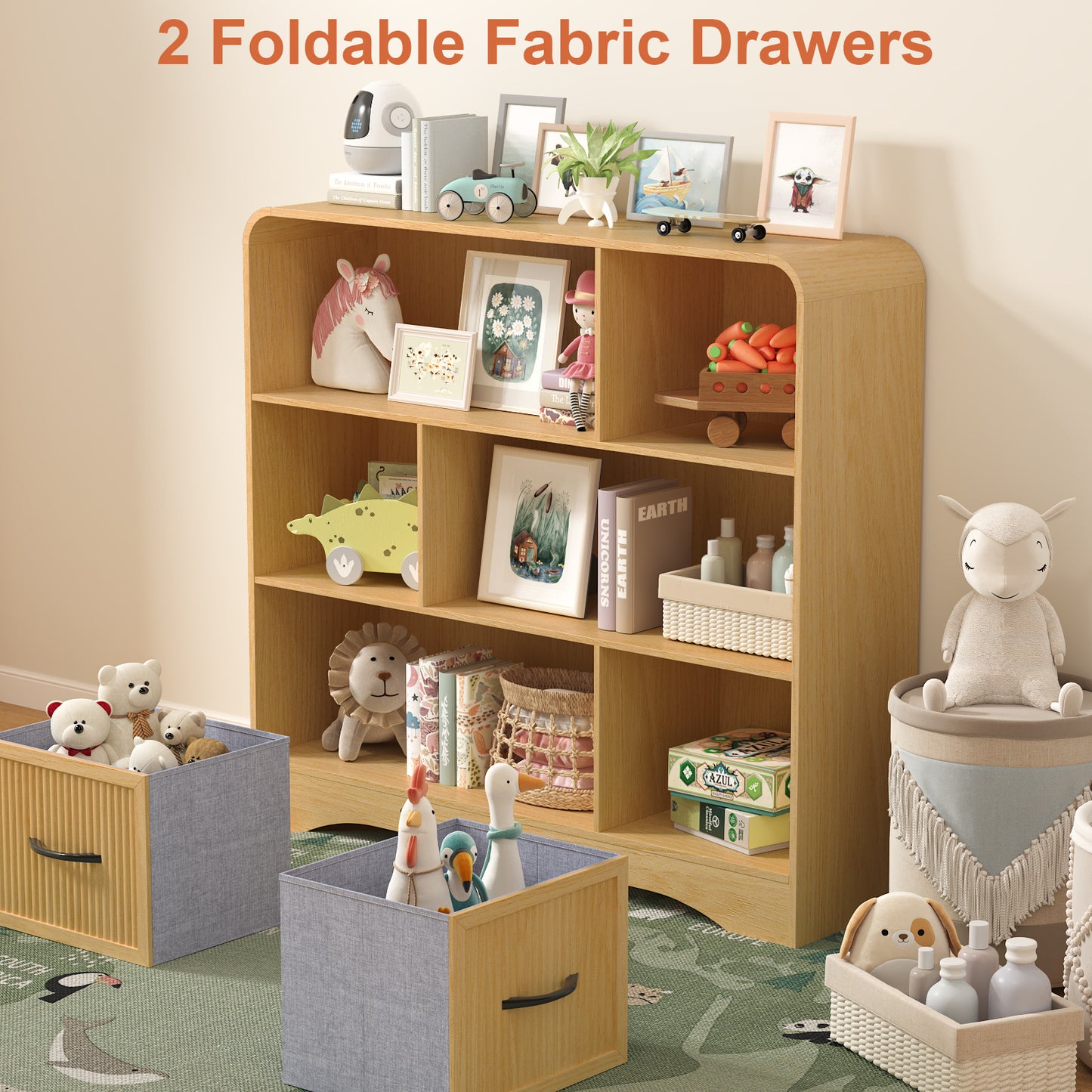 6-Open Shelf Bookcase with 2 Storage Bins,Bookshelf for Toy Storage
