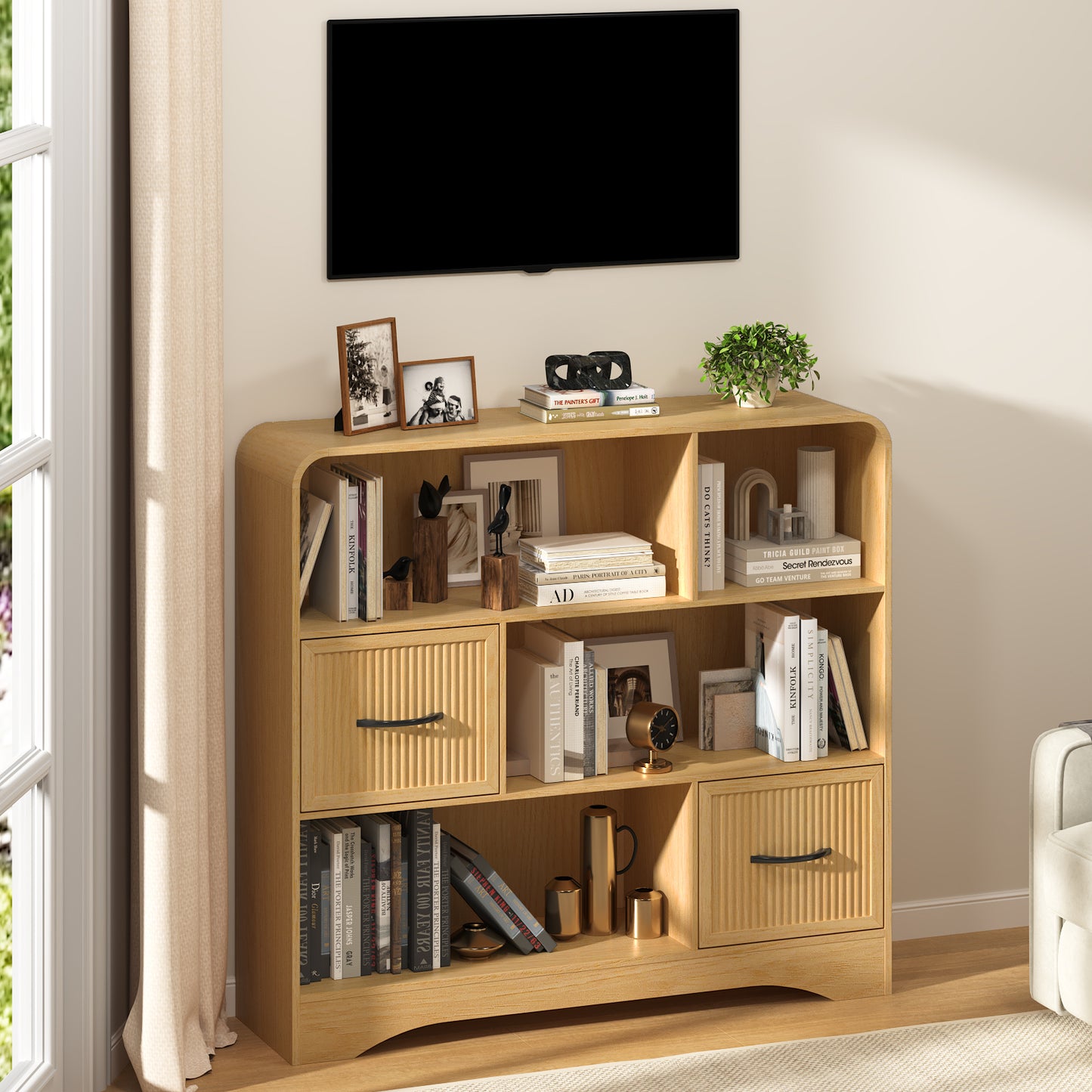 6-Open Shelf Bookcase with 2 Storage Bins,Bookshelf for Toy Storage
