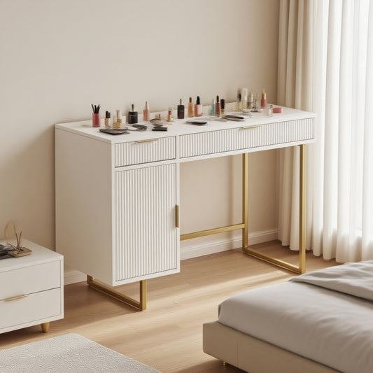 SOLACE FURNITURE White Computer Desk 47" with 2 Drawers and 1 Cabinet Storage, Modern Home Office Writing Table