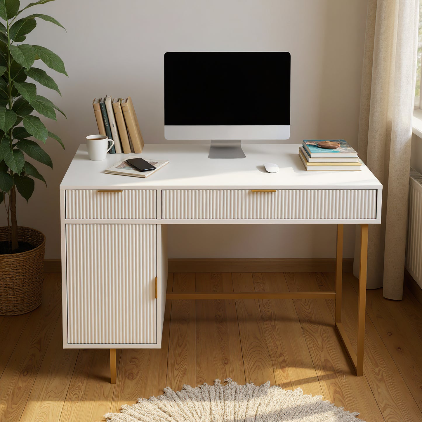 SOLACE FURNITURE White Computer Desk 47" with 2 Drawers and 1 Cabinet Storage, Modern Home Office Writing Table
