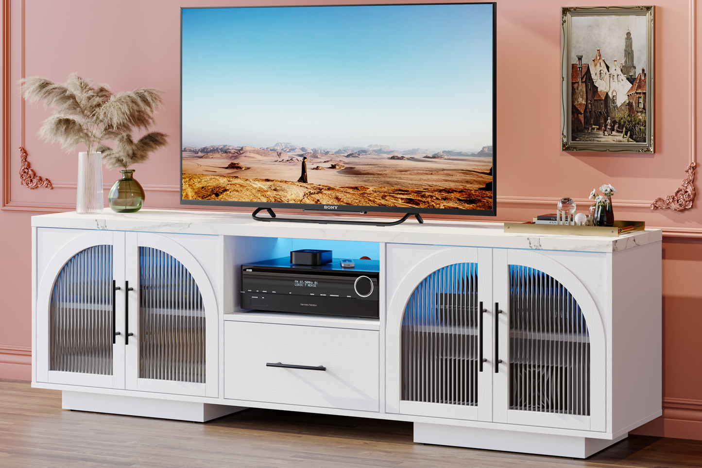 SOLACE FURNITURE 70" TV Stand for 80" TVs, Entertainment Center with LED Lights and Arched Glass Doors