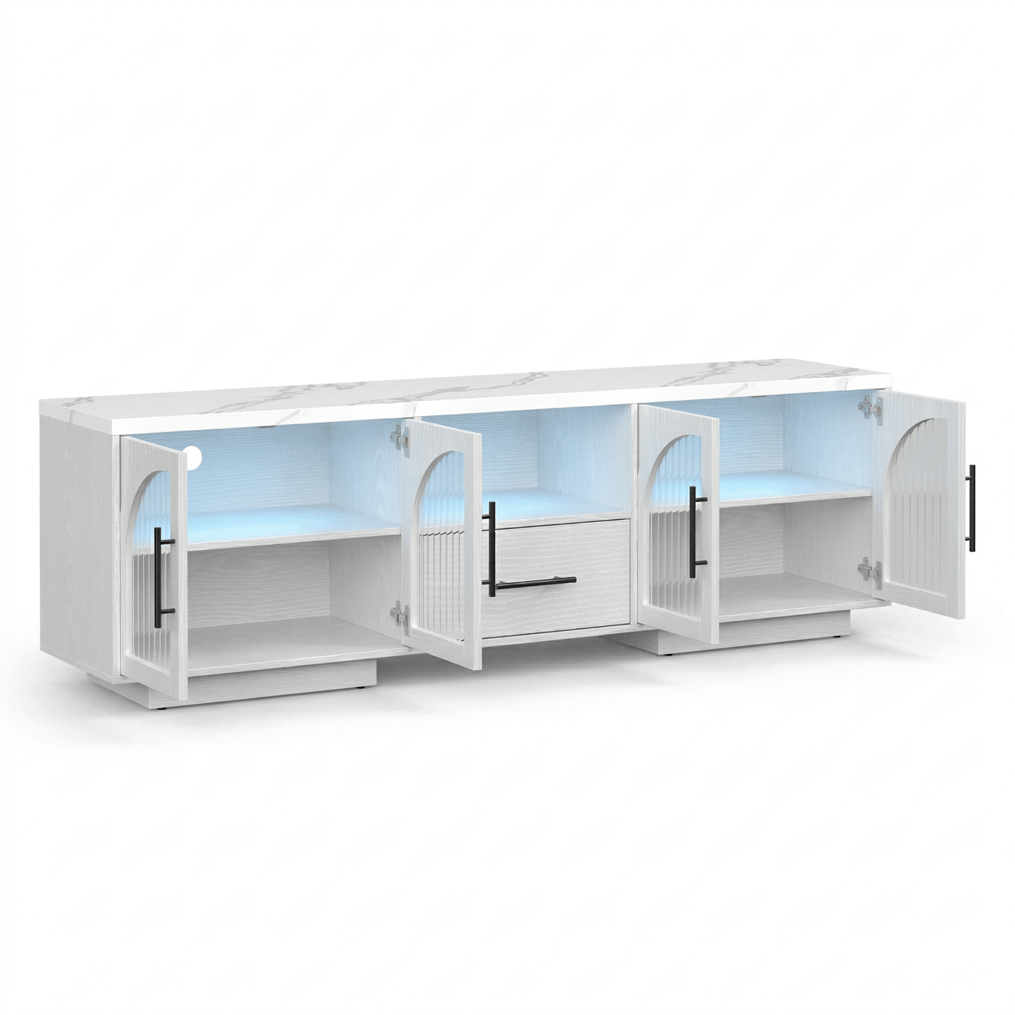SOLACE FURNITURE 70" TV Stand for 80" TVs, Entertainment Center with LED Lights and Arched Glass Doors