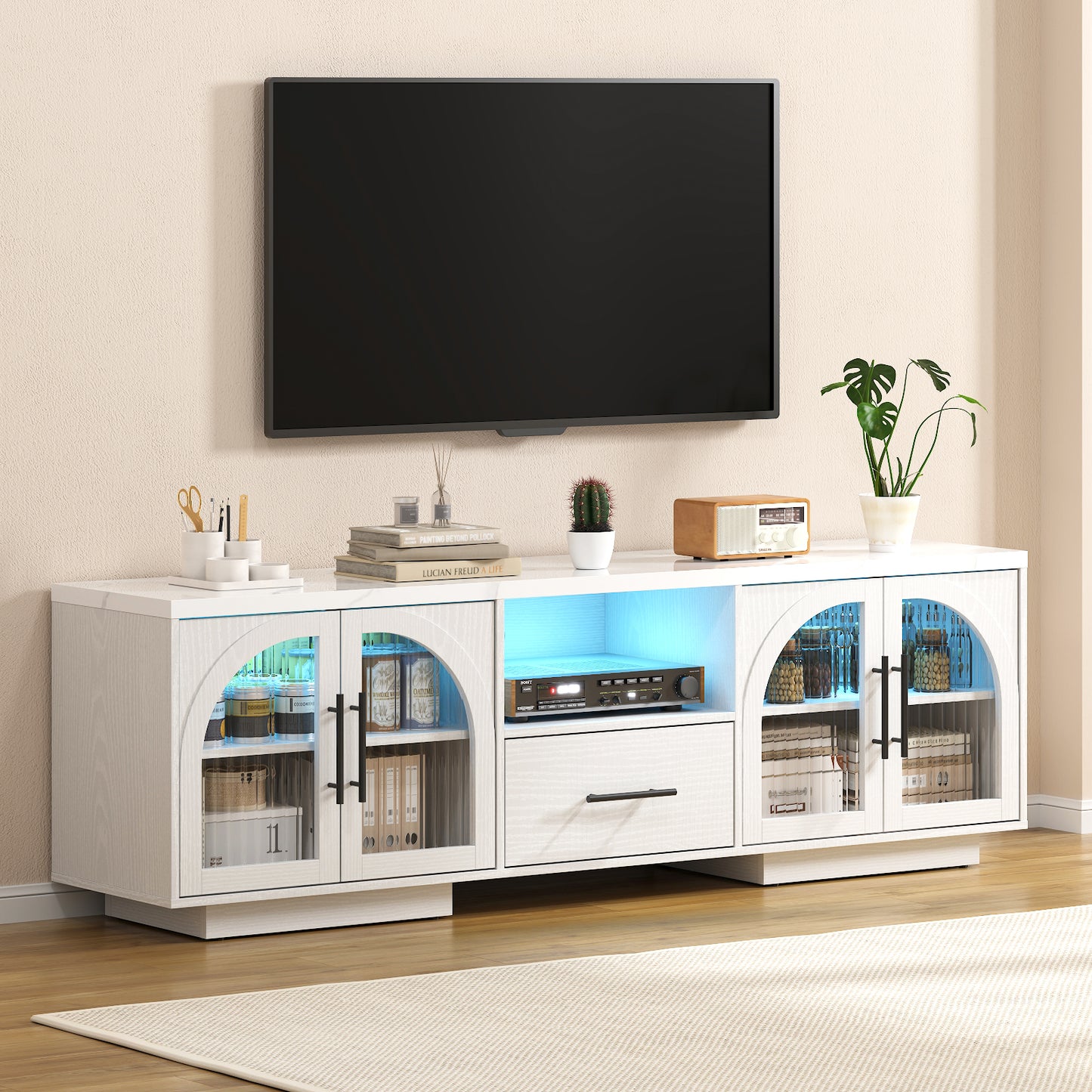 SOLACE FURNITURE 70" TV Stand for 80" TVs, Entertainment Center with LED Lights and Arched Glass Doors