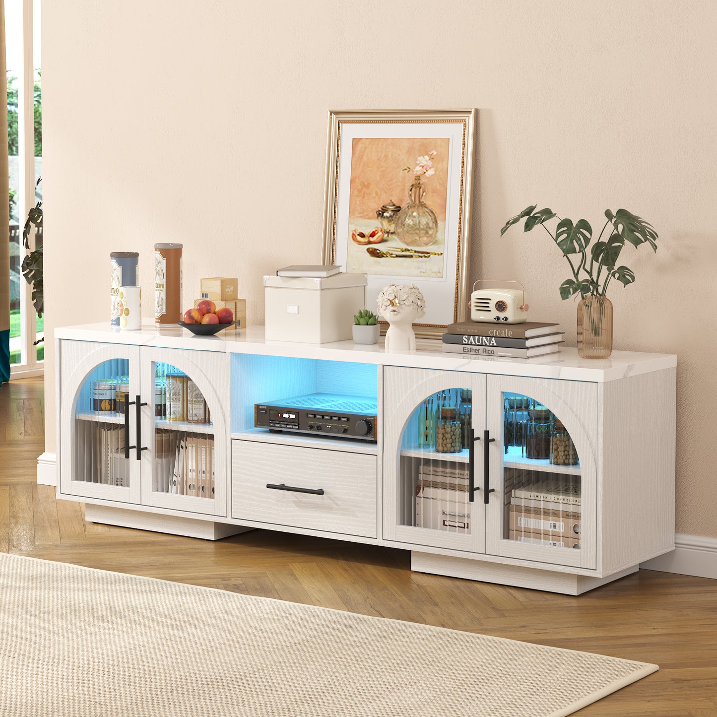 SOLACE FURNITURE 70" TV Stand for 80" TVs, Entertainment Center with LED Lights and Arched Glass Doors