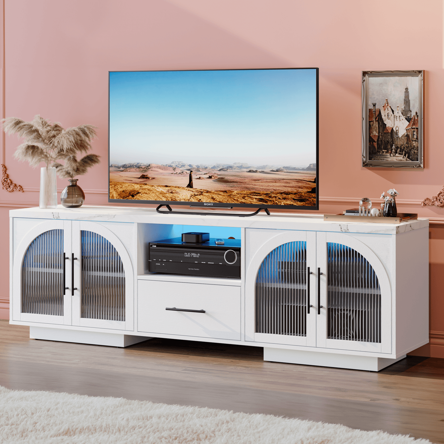 SOLACE FURNITURE 70" TV Stand for 80" TVs, Entertainment Center with LED Lights and Arched Glass Doors