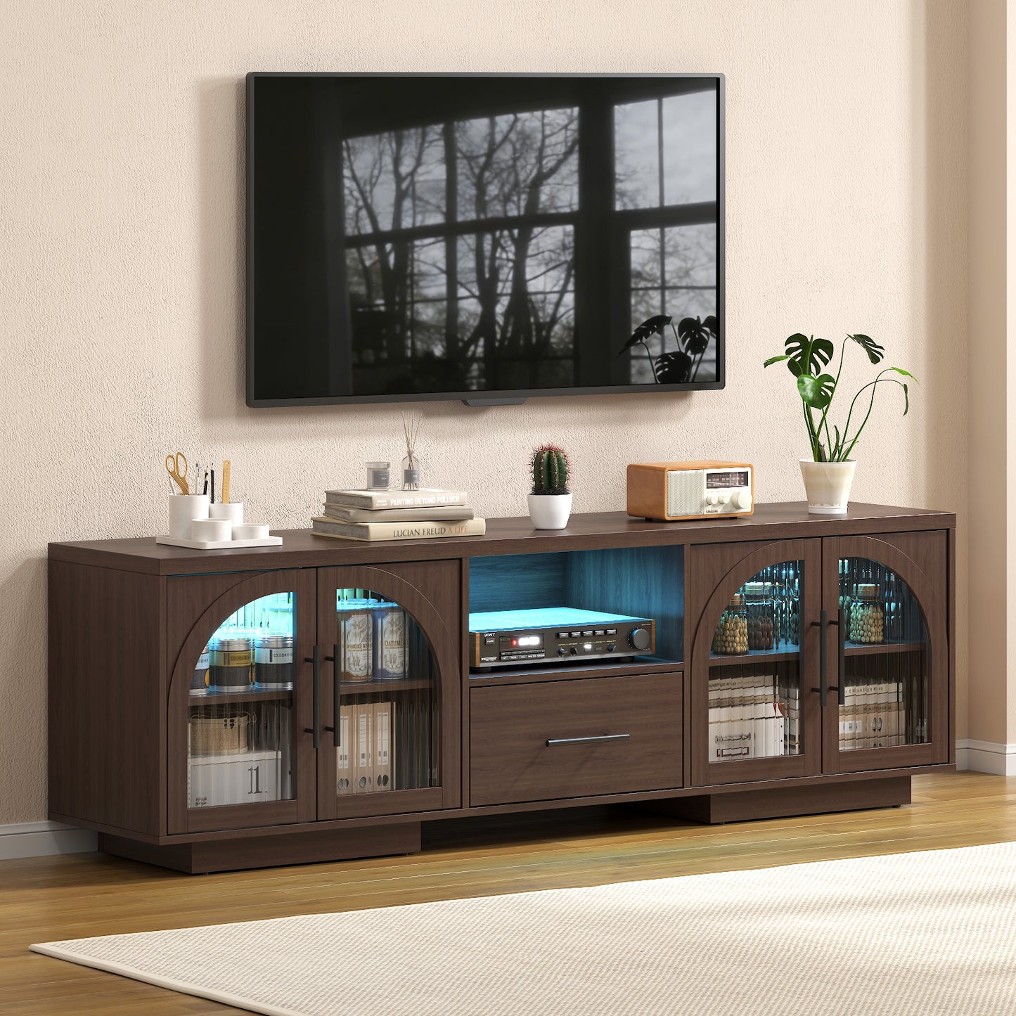 SOLACE FURNITURE 70" TV Stand for 80" TVs, Entertainment Center with LED Lights and Arched Glass Doors