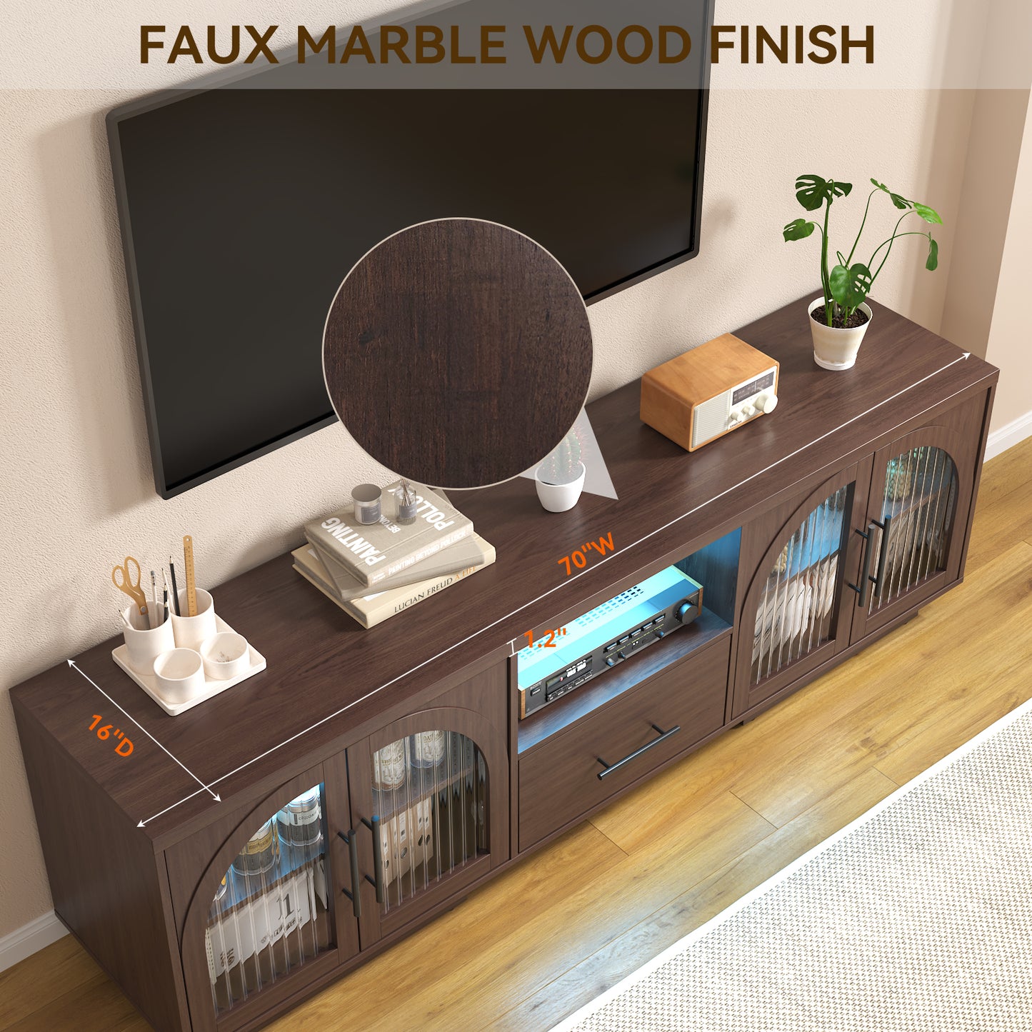 SOLACE FURNITURE 70" TV Stand for 80" TVs, Entertainment Center with LED Lights and Arched Glass Doors