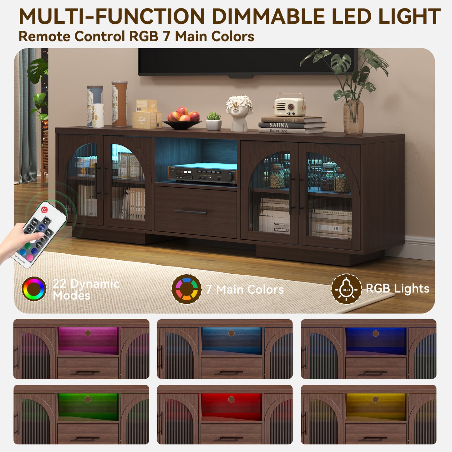 SOLACE FURNITURE 70" TV Stand for 80" TVs, Entertainment Center with LED Lights and Arched Glass Doors
