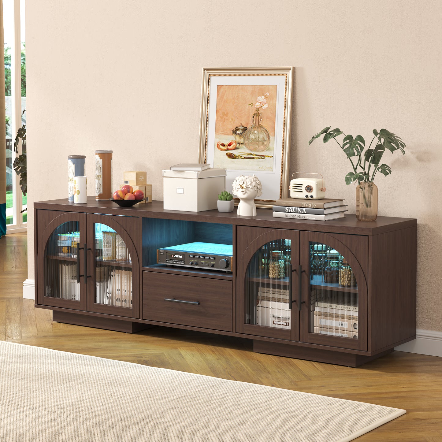 SOLACE FURNITURE 70" TV Stand for 80" TVs, Entertainment Center with LED Lights and Arched Glass Doors