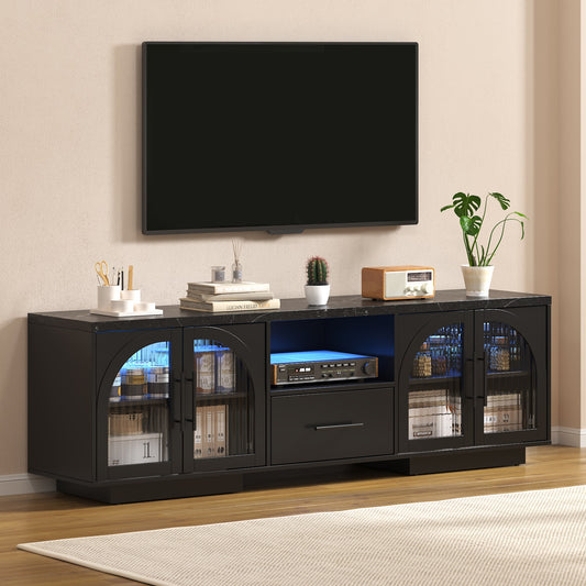 SOLACE FURNITURE 70" TV Stand for 80" TVs, Entertainment Center with LED Lights and Arched Glass Doors
