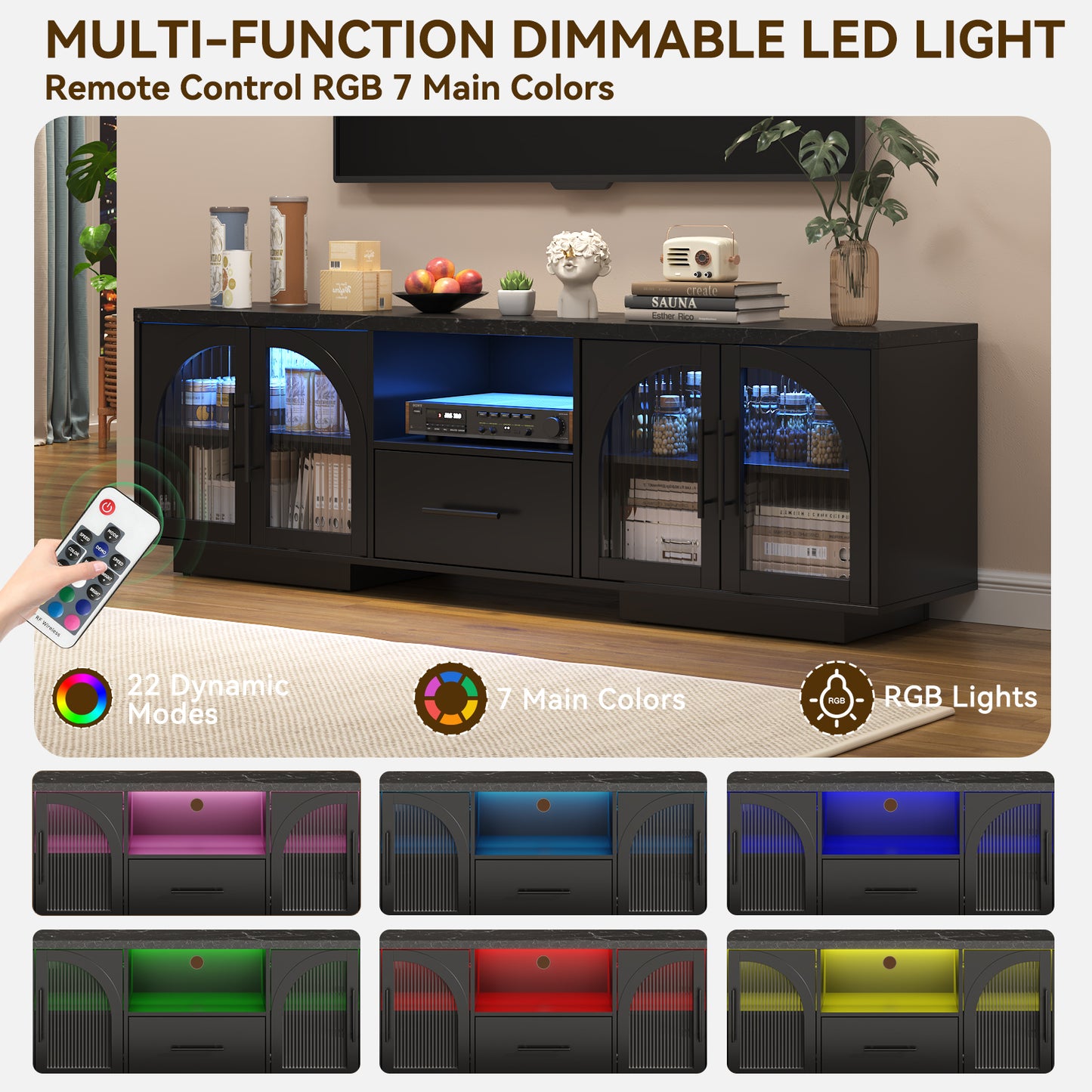 SOLACE FURNITURE 70" TV Stand for 80" TVs, Entertainment Center with LED Lights and Arched Glass Doors