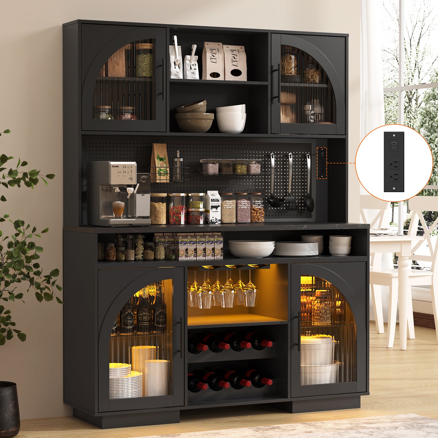 SOLACE FURNITURE 71" Pantry Cabinet, Kitchen Cabinet with Charging Station, Kitchen Hutch Storage with Pegboard and LED Light