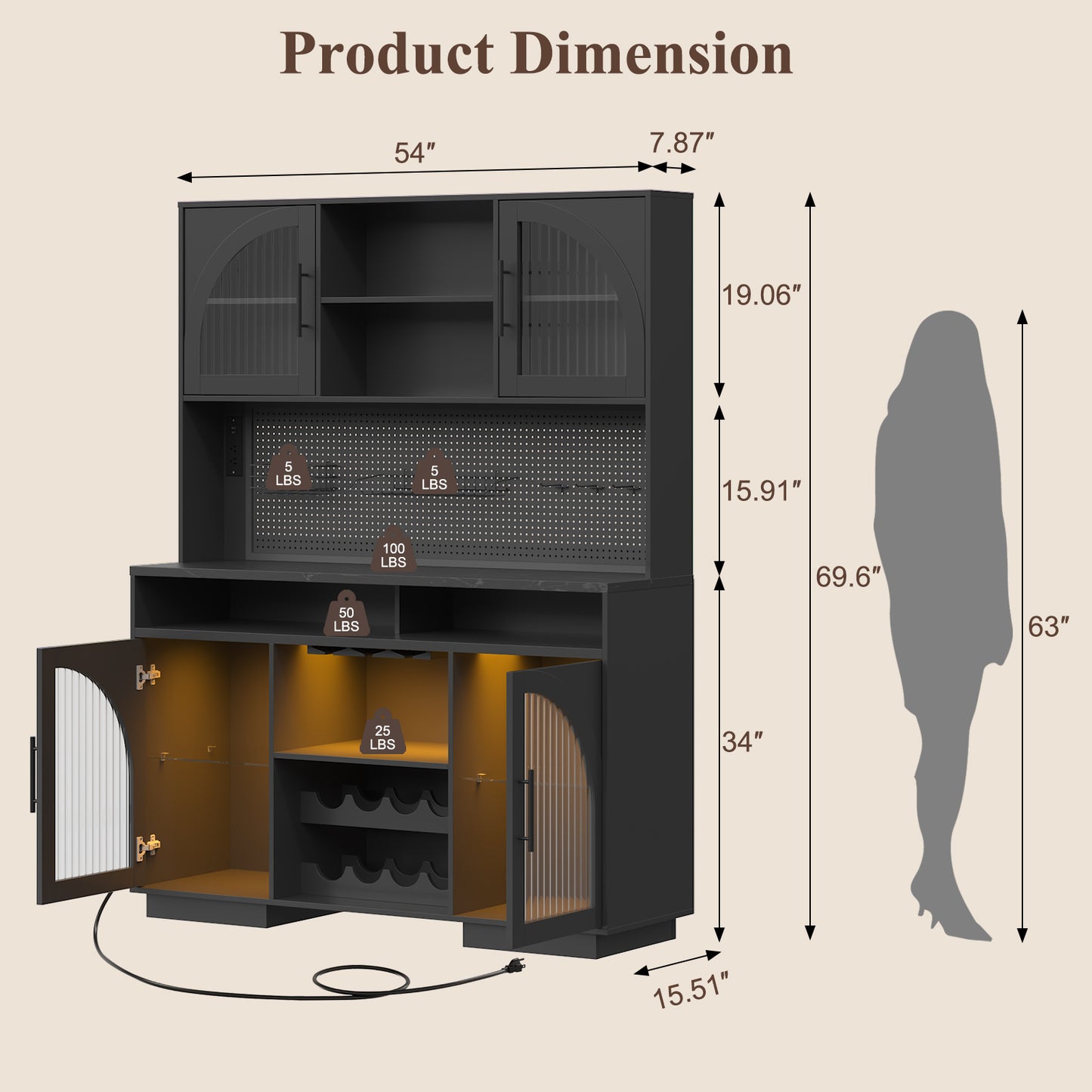 SOLACE FURNITURE 71" Pantry Cabinet, Kitchen Cabinet with Charging Station, Kitchen Hutch Storage with Pegboard and LED Light