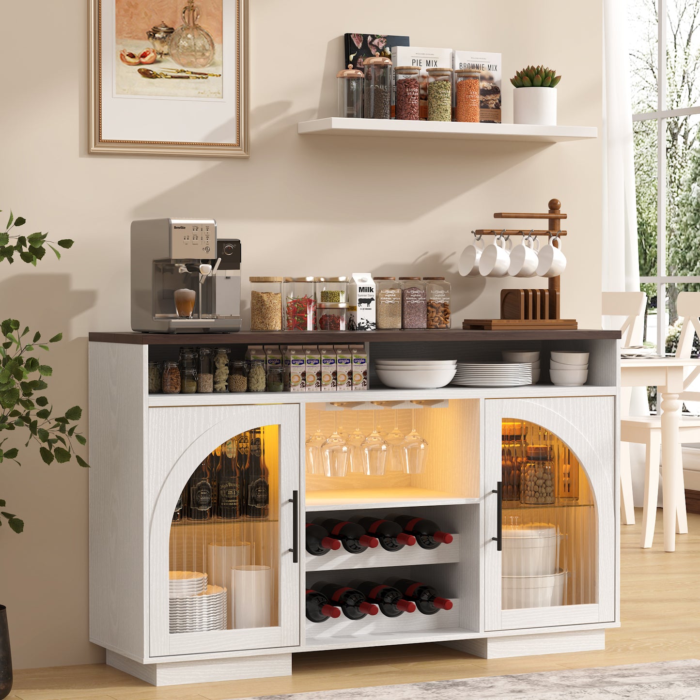 SOLACE FURNITURE Sideboard Buffet Cabinet, 54" Kitchen Cabinet with Arched Glass Doors