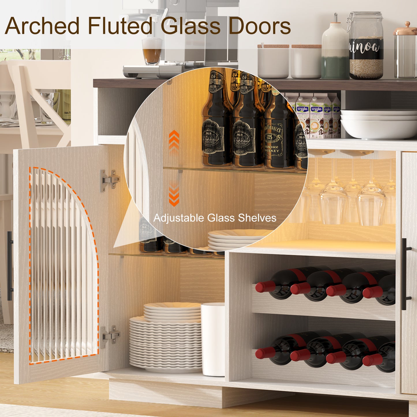 SOLACE FURNITURE Sideboard Buffet Cabinet, 54" Kitchen Cabinet with Arched Glass Doors