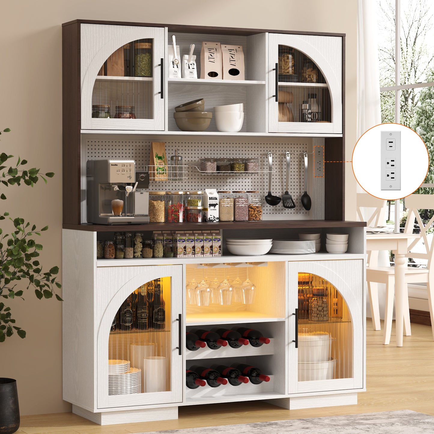 SOLACE FURNITURE 71" Pantry Cabinet, Kitchen Cabinet with Charging Station, Kitchen Hutch Storage with Pegboard and LED Light