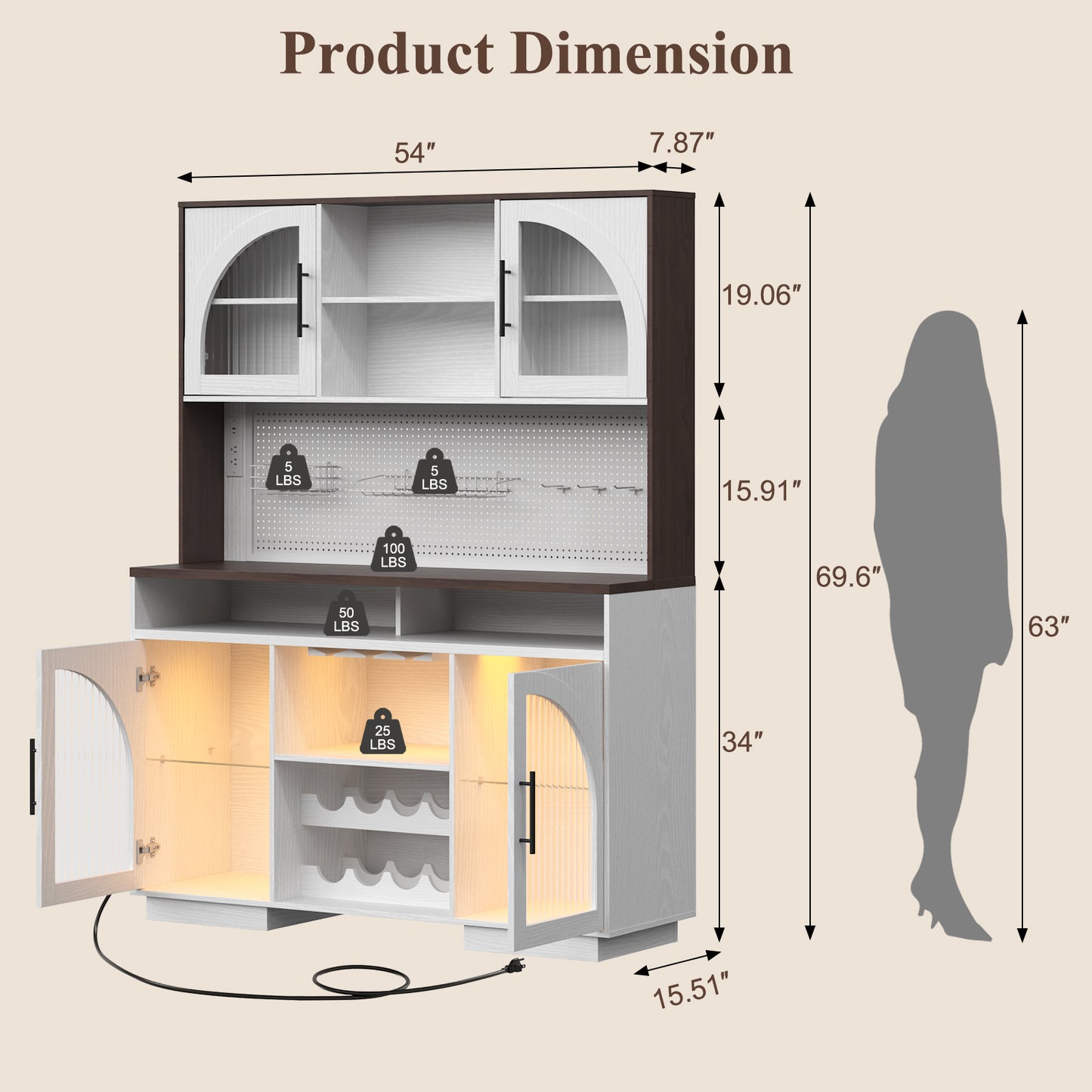 SOLACE FURNITURE 71" Pantry Cabinet, Kitchen Cabinet with Charging Station, Kitchen Hutch Storage with Pegboard and LED Light