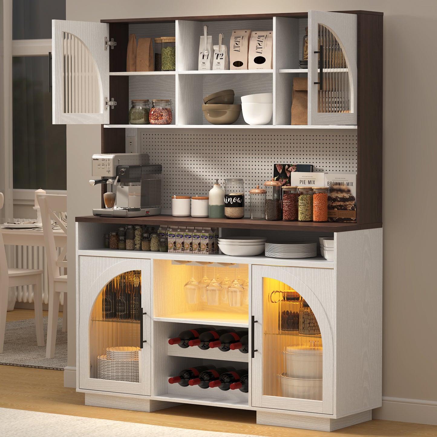 SOLACE FURNITURE 71" Pantry Cabinet, Kitchen Cabinet with Charging Station, Kitchen Hutch Storage with Pegboard and LED Light