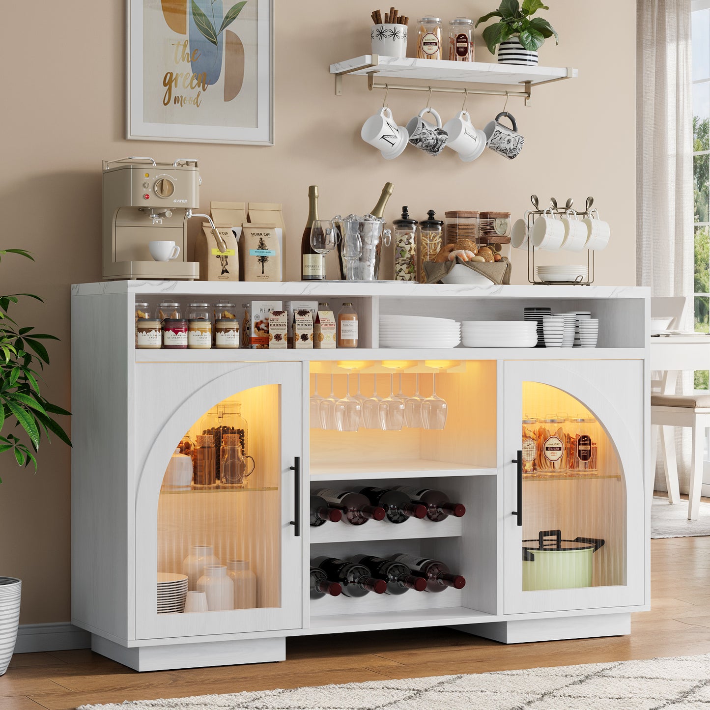 SOLACE FURNITURE Sideboard Buffet Cabinet, 54" Kitchen Cabinet with LED Lights & Arched Glass Doors