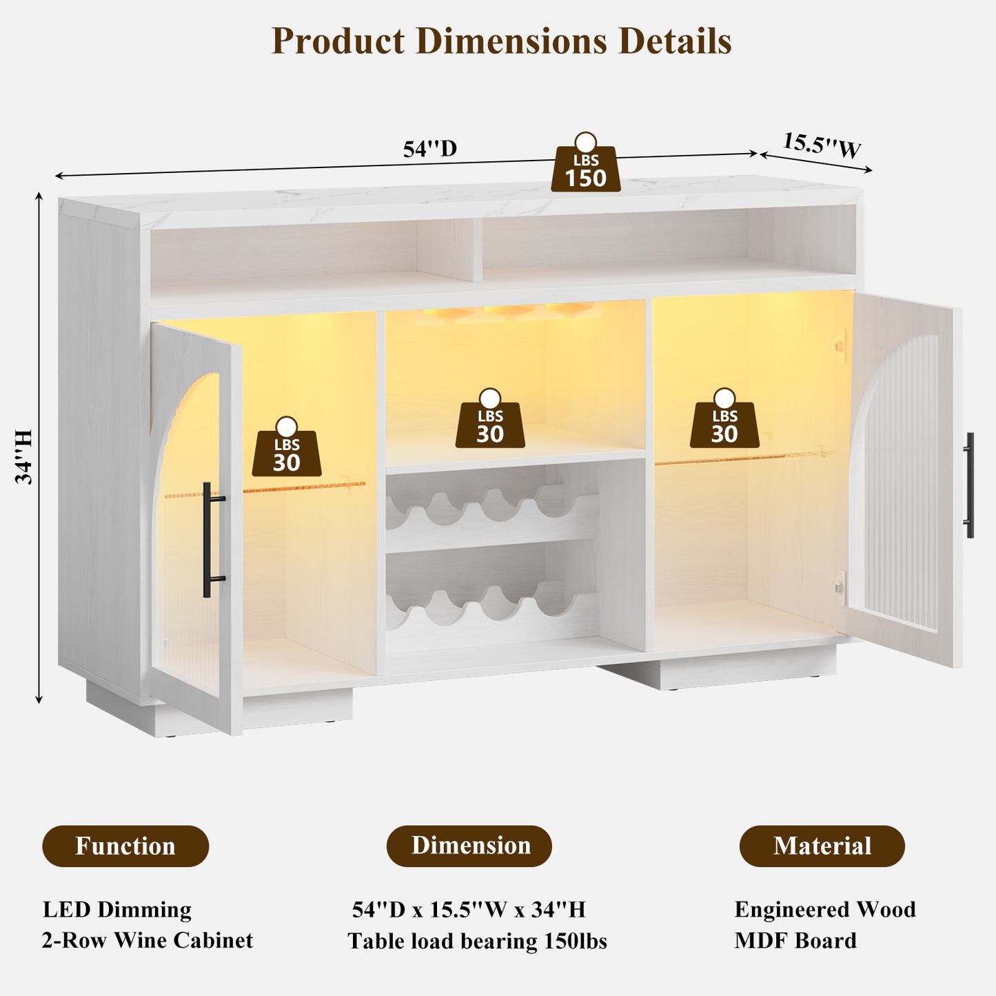 SOLACE FURNITURE Sideboard Buffet Cabinet, 54" Kitchen Cabinet with LED Lights & Arched Glass Doors