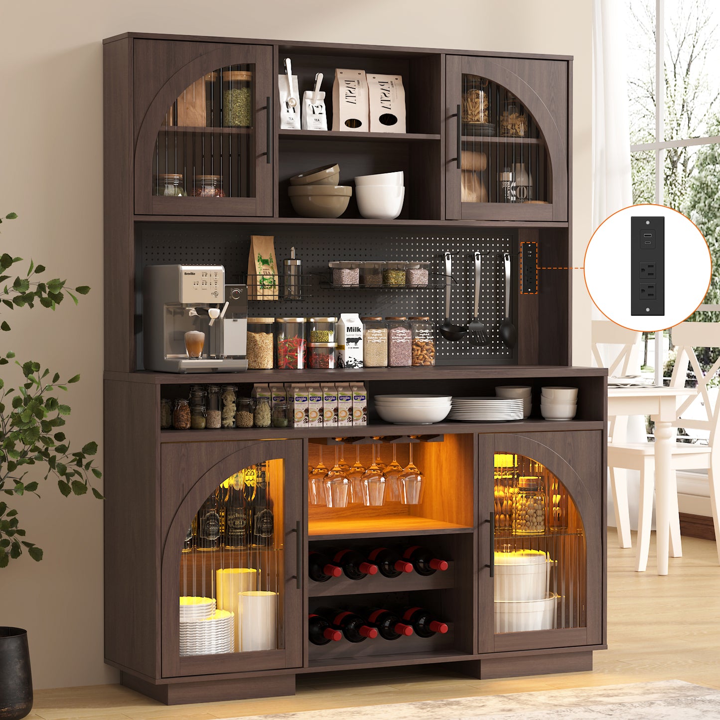 SOLACE FURNITURE 71" Pantry Cabinet, Kitchen Cabinet with Charging Station, Kitchen Hutch Storage with Pegboard and LED Light